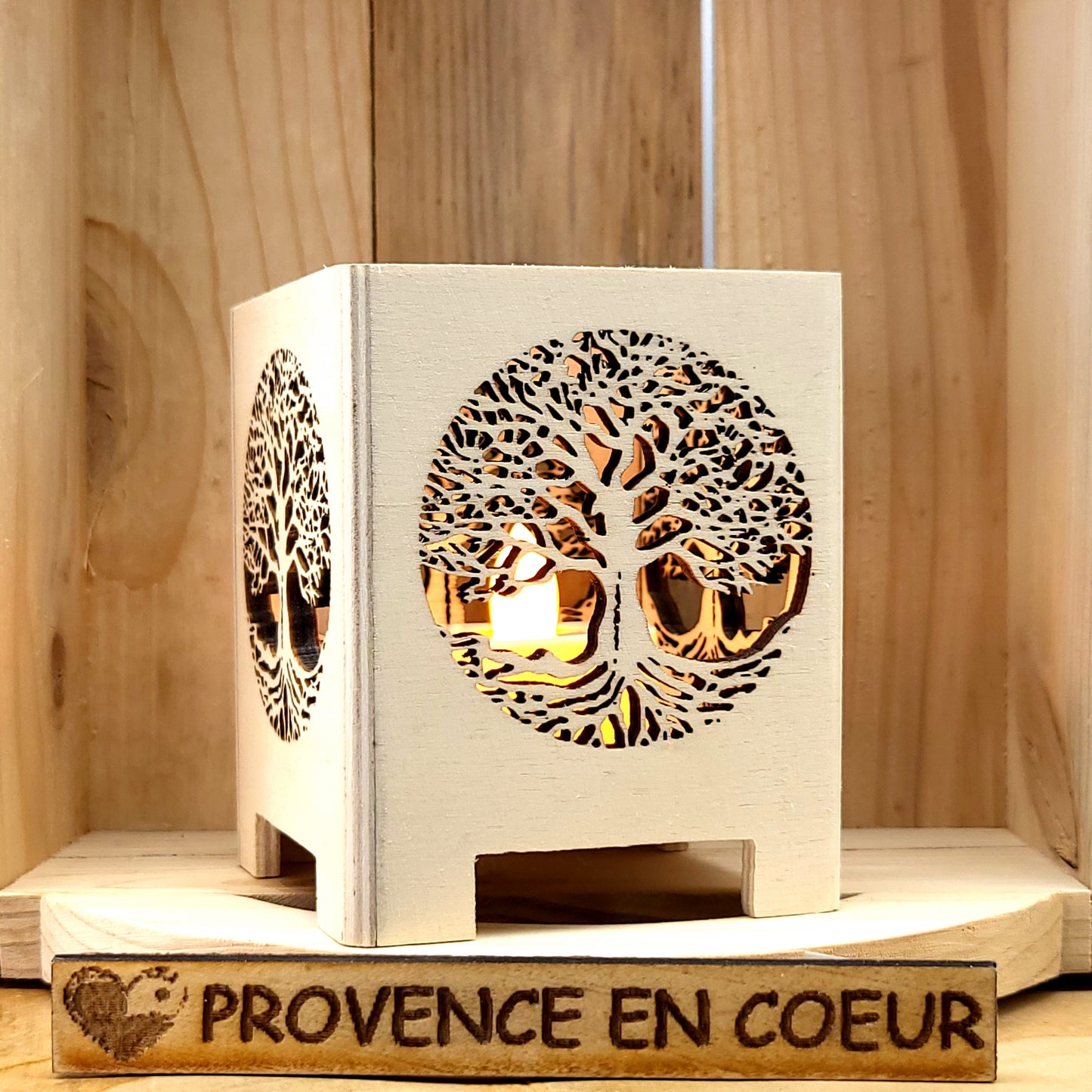 PHOTOPHORES EN BOIS NATUREL + VERNIS + BOUGIES COEUR - DIVERS MODÈLES (ARBRE DE VIE, PAPILLON...) - UNIQUES, ORIGINAUX & ARTISANAUX