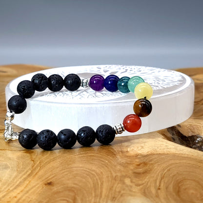BRACELETS DE PERLES RONDES EN PIERRES DE LAVE + 7 CHAKRAS - 2 TAILLES AU CHOIX - BIJOUX ARTISANAUX, UNIQUES & ORIGINAUX