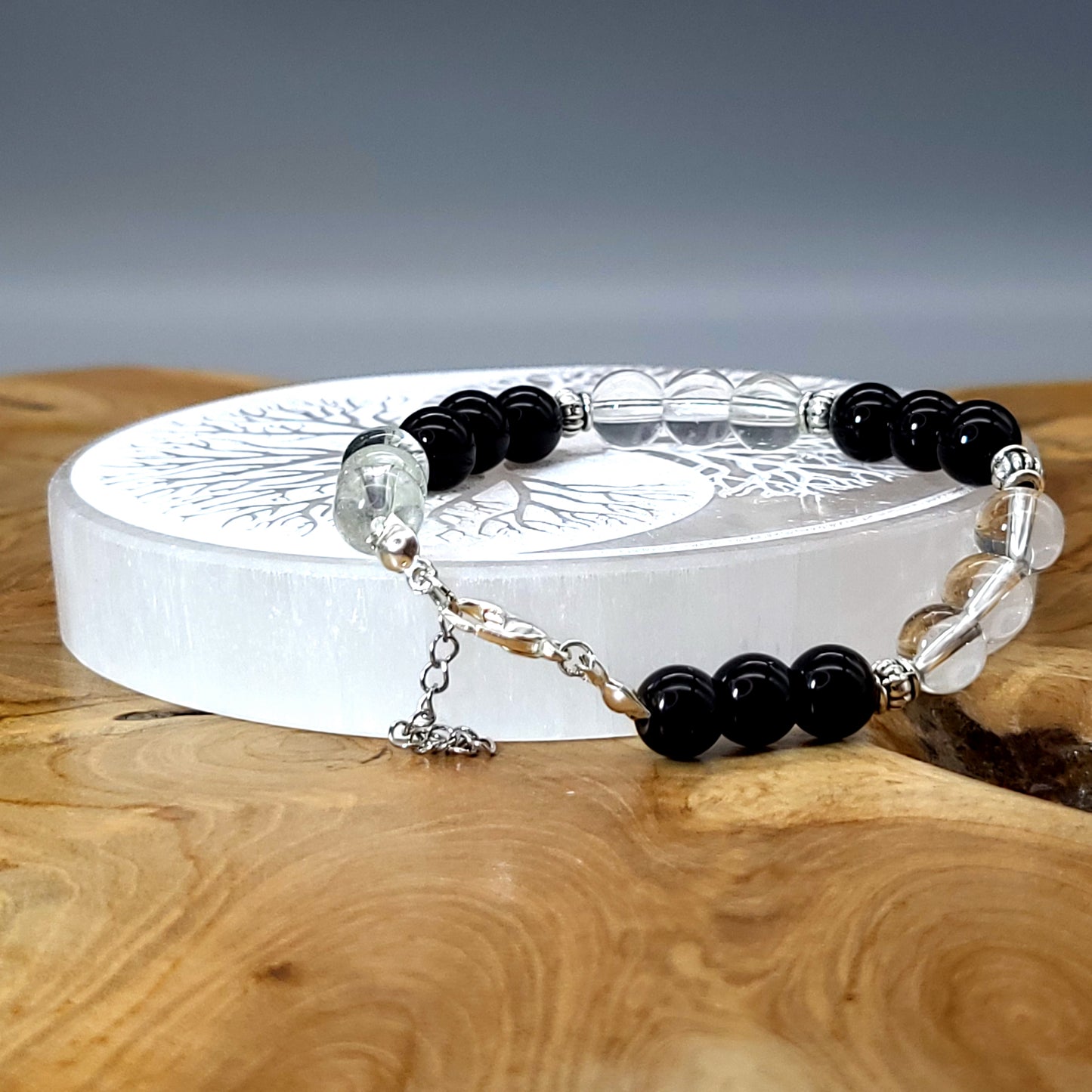 BRACELETS EN DUO DE PERLES RONDES EN PIERRES ONYX NOIR + CRISTAL DE ROCHE - 2 TAILLES AU CHOIX - BIJOUX ARTISANAUX, UNIQUES & ORIGINAUX