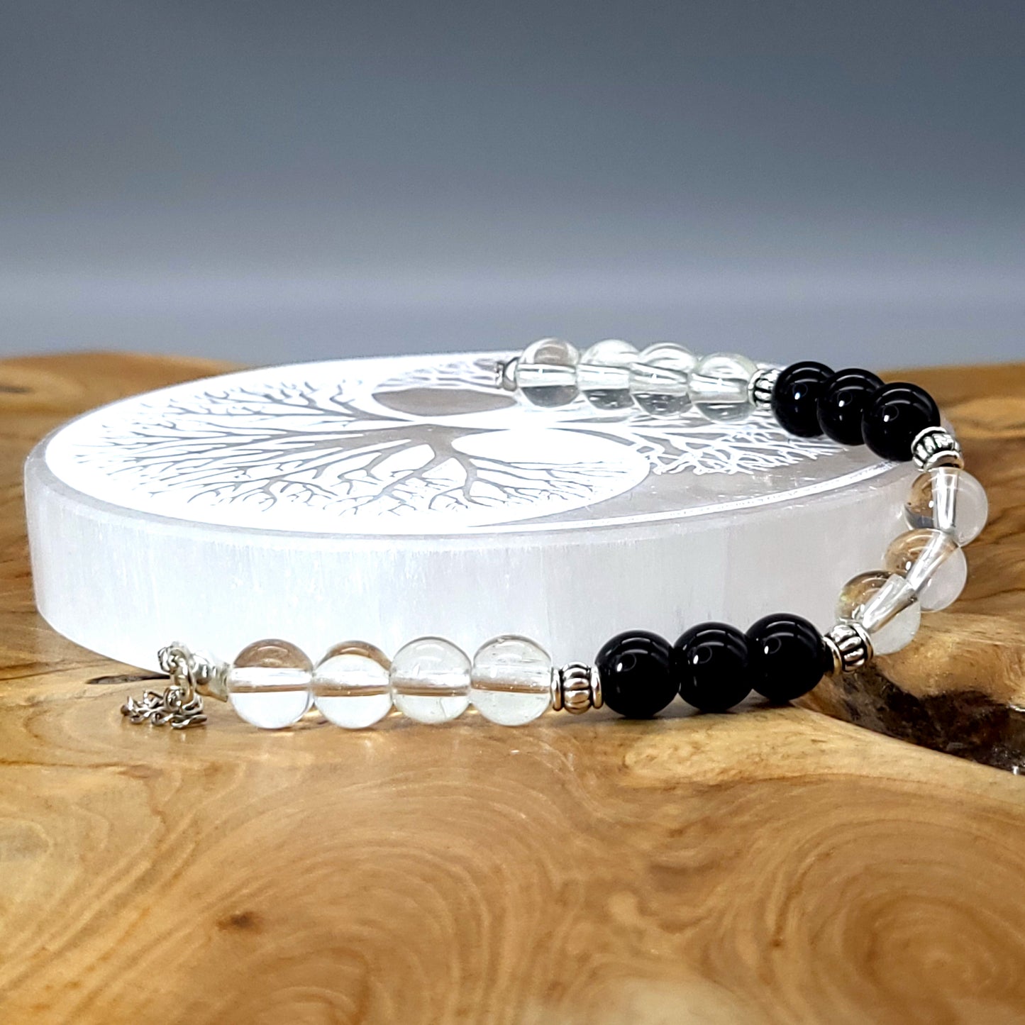 BRACELETS EN DUO DE PERLES RONDES EN PIERRES ONYX NOIR + CRISTAL DE ROCHE - 2 TAILLES AU CHOIX - BIJOUX ARTISANAUX, UNIQUES & ORIGINAUX