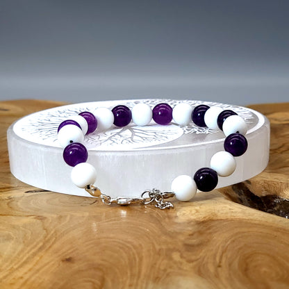 BRACELETS EN DUO DE PERLES RONDES EN PIERRES AMÉTHYSTE + ONYX BLANC - 2 TAILLES AU CHOIX - BIJOUX ARTISANAUX, UNIQUES & ORIGINAUX