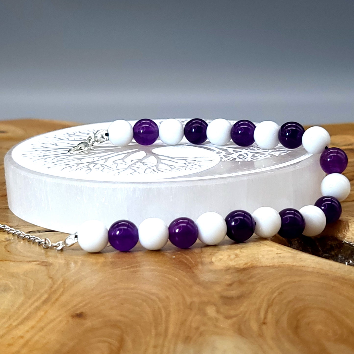 BRACELETS EN DUO DE PERLES RONDES EN PIERRES AMÉTHYSTE + ONYX BLANC - 2 TAILLES AU CHOIX - BIJOUX ARTISANAUX, UNIQUES & ORIGINAUX