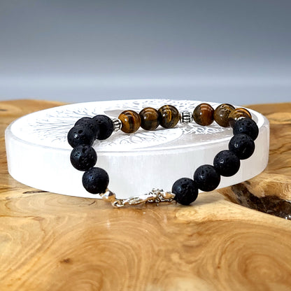 BRACELETS DE PERLES RONDES EN PIERRES DE LAVE + OEIL DU TIGRE - 2 TAILLES AU CHOIX - BIJOUX ARTISANAUX, UNIQUES & ORIGINAUX