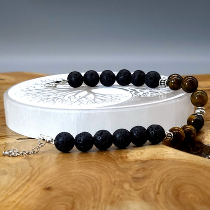 BRACELETS DE PERLES RONDES EN PIERRES DE LAVE + OEIL DU TIGRE - 2 TAILLES AU CHOIX - BIJOUX ARTISANAUX, UNIQUES & ORIGINAUX