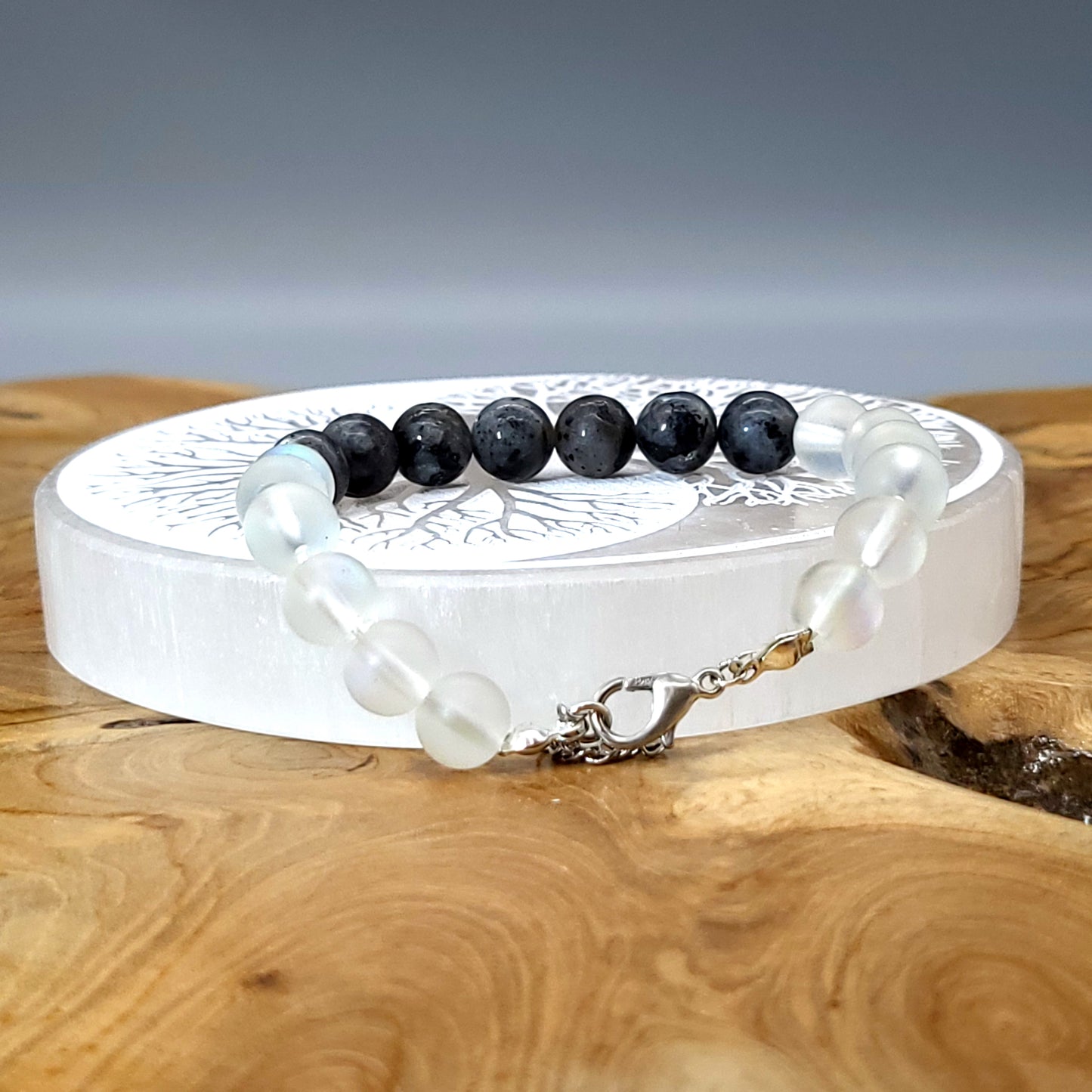 BRACELETS EN DUO DE PERLES RONDES EN PIERRES DE LUNE + LABRADORITE - 2 TAILLES AU CHOIX - BIJOUX ARTISANAUX, UNIQUES & ORIGINAUX