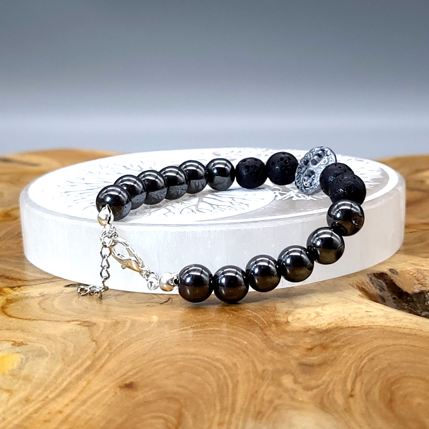 BRACELETS ARBRE DE VIE EN TRIO DE PERLES RONDES EN PIERRES HÉMATITE + PIERRE DE LAVE - 2 TAILLES AU CHOIX - BIJOUX ARTISANAUX, UNIQUES & ORIGINAUX