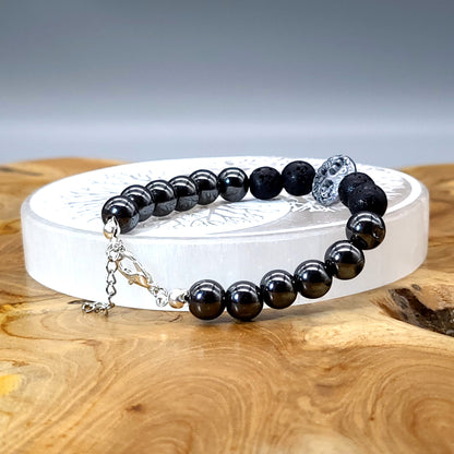 BRACELETS ARBRE DE VIE EN TRIO DE PERLES RONDES EN PIERRES HÉMATITE + PIERRE DE LAVE - 2 TAILLES AU CHOIX - BIJOUX ARTISANAUX, UNIQUES & ORIGINAUX