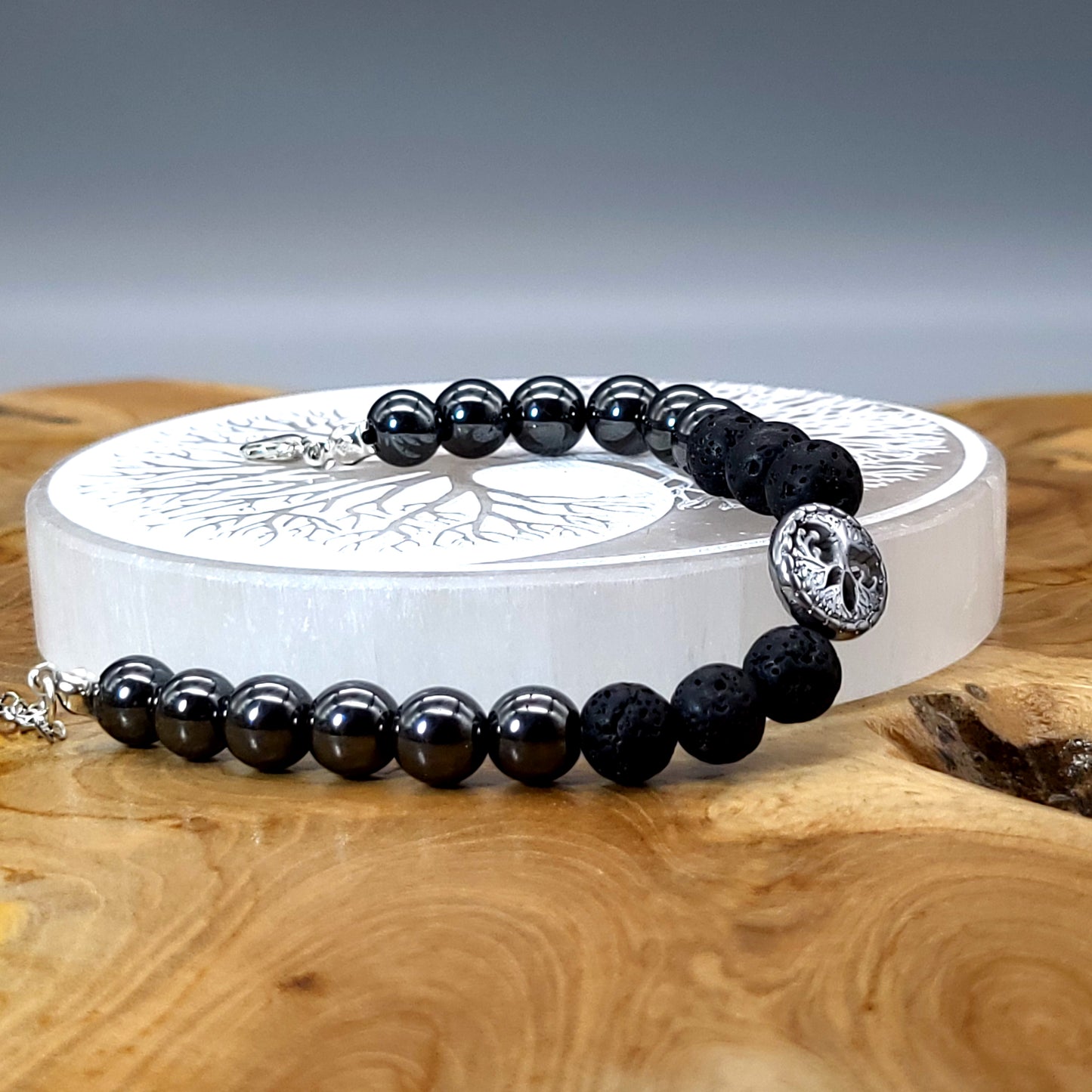 BRACELETS ARBRE DE VIE EN TRIO DE PERLES RONDES EN PIERRES HÉMATITE + PIERRE DE LAVE - 2 TAILLES AU CHOIX - BIJOUX ARTISANAUX, UNIQUES & ORIGINAUX