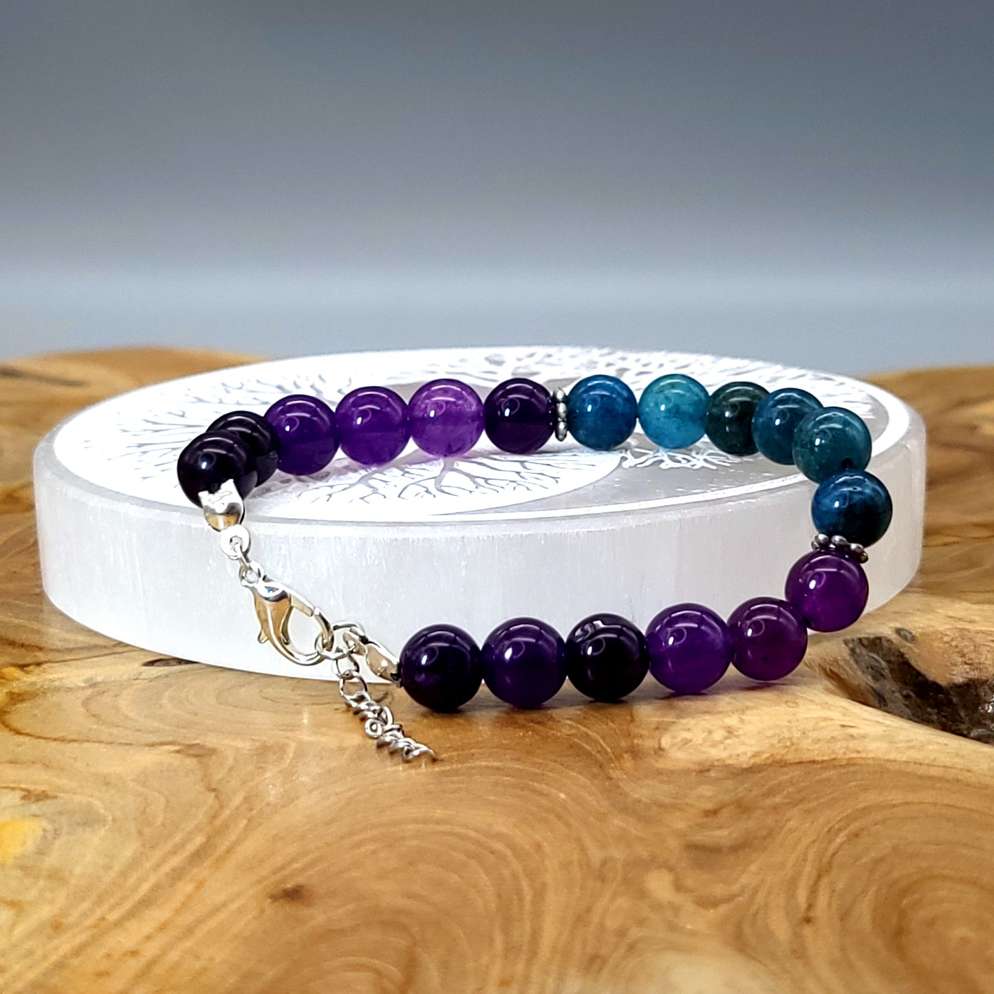 BRACELETS EN DUO DE PERLES RONDES EN PIERRES AMÉTHYSTE + APATITE BLEUE - 2 TAILLES AU CHOIX - BIJOUX ARTISANAUX, UNIQUES & ORIGINAUX