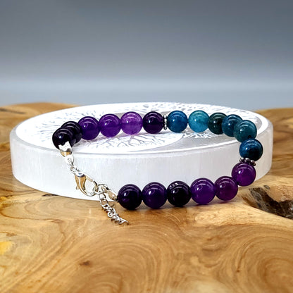 BRACELETS EN DUO DE PERLES RONDES EN PIERRES AMÉTHYSTE + APATITE BLEUE - 2 TAILLES AU CHOIX - BIJOUX ARTISANAUX, UNIQUES & ORIGINAUX