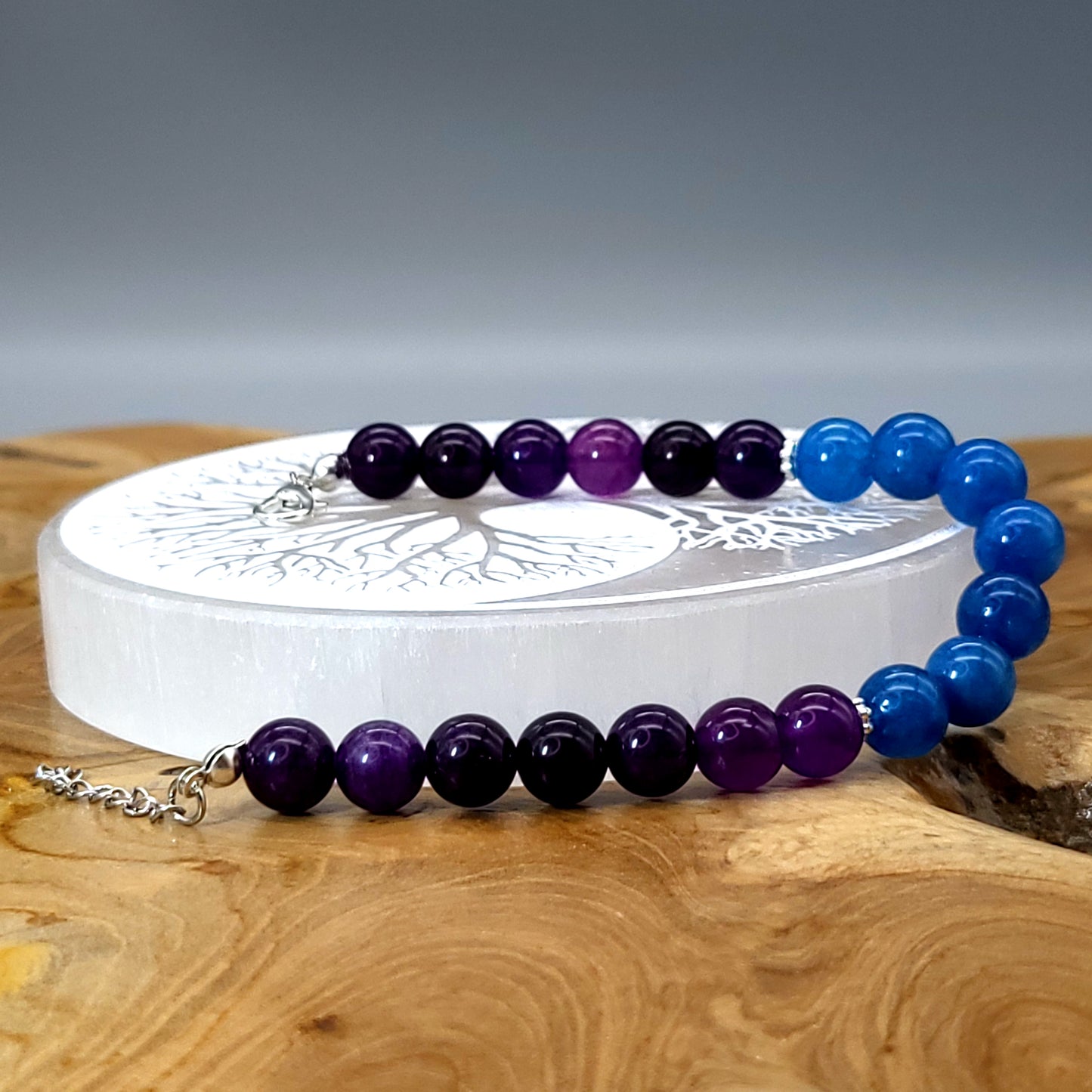 BRACELETS EN DUO DE PERLES RONDES EN PIERRES AMÉTHYSTE + APATITE BLEUE - 2 TAILLES AU CHOIX - BIJOUX ARTISANAUX, UNIQUES & ORIGINAUX