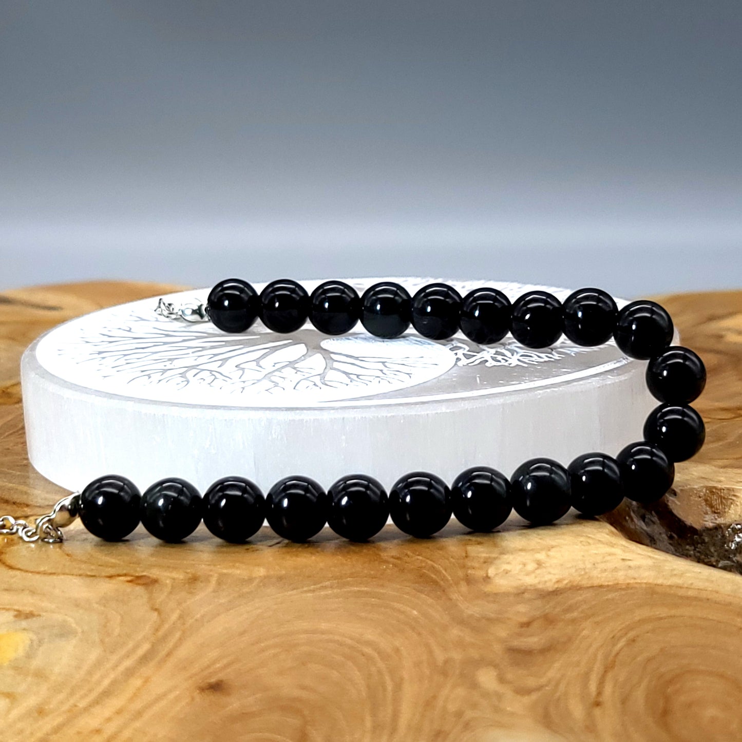 BRACELETS DE PERLES RONDES EN PIERRE OBSIDIENNE NOIRE - 2 TAILLES AU CHOIX - BIJOUX ARTISANAUX, UNIQUES & ORIGINAUX