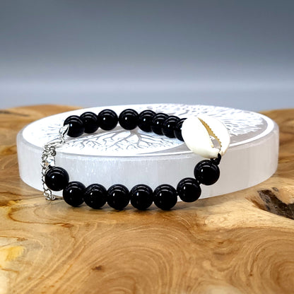 BRACELETS EN PERLES RONDES EN PIERRE ONYX NOIR + CAURI (coquillage) - 2 TAILLES AU CHOIX - BIJOUX ARTISANAUX, UNIQUES & ORIGINAUX