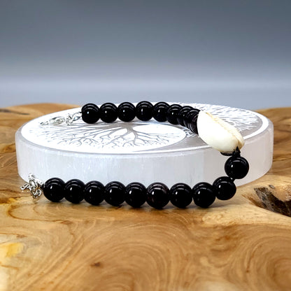 BRACELETS EN PERLES RONDES EN PIERRE ONYX NOIR + CAURI (coquillage) - 2 TAILLES AU CHOIX - BIJOUX ARTISANAUX, UNIQUES & ORIGINAUX