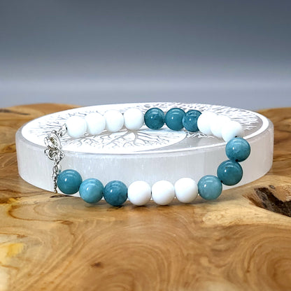 BRACELETS EN DUO DE PERLES RONDES EN PIERRES AIGUE MARINE + ONYX BLANC - 2 TAILLES AU CHOIX - BIJOUX ARTISANAUX, UNIQUES & ORIGINAUX