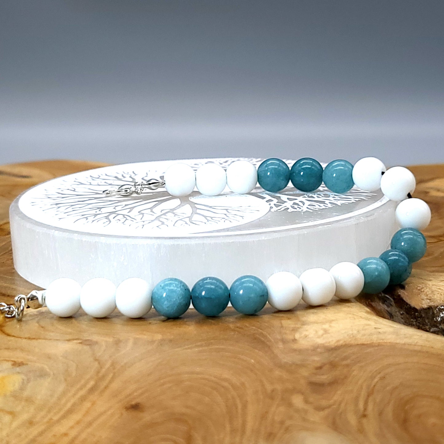 BRACELETS EN DUO DE PERLES RONDES EN PIERRES AIGUE MARINE + ONYX BLANC - 2 TAILLES AU CHOIX - BIJOUX ARTISANAUX, UNIQUES & ORIGINAUX