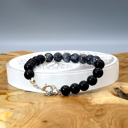 BRACELETS EN DUO DE PERLES RONDES EN PIERRES DE LABRADORITE GRISE + ONYX NOIR - 2 TAILLES AU CHOIX - BIJOUX ARTISANAUX, UNIQUES & ORIGINAUX