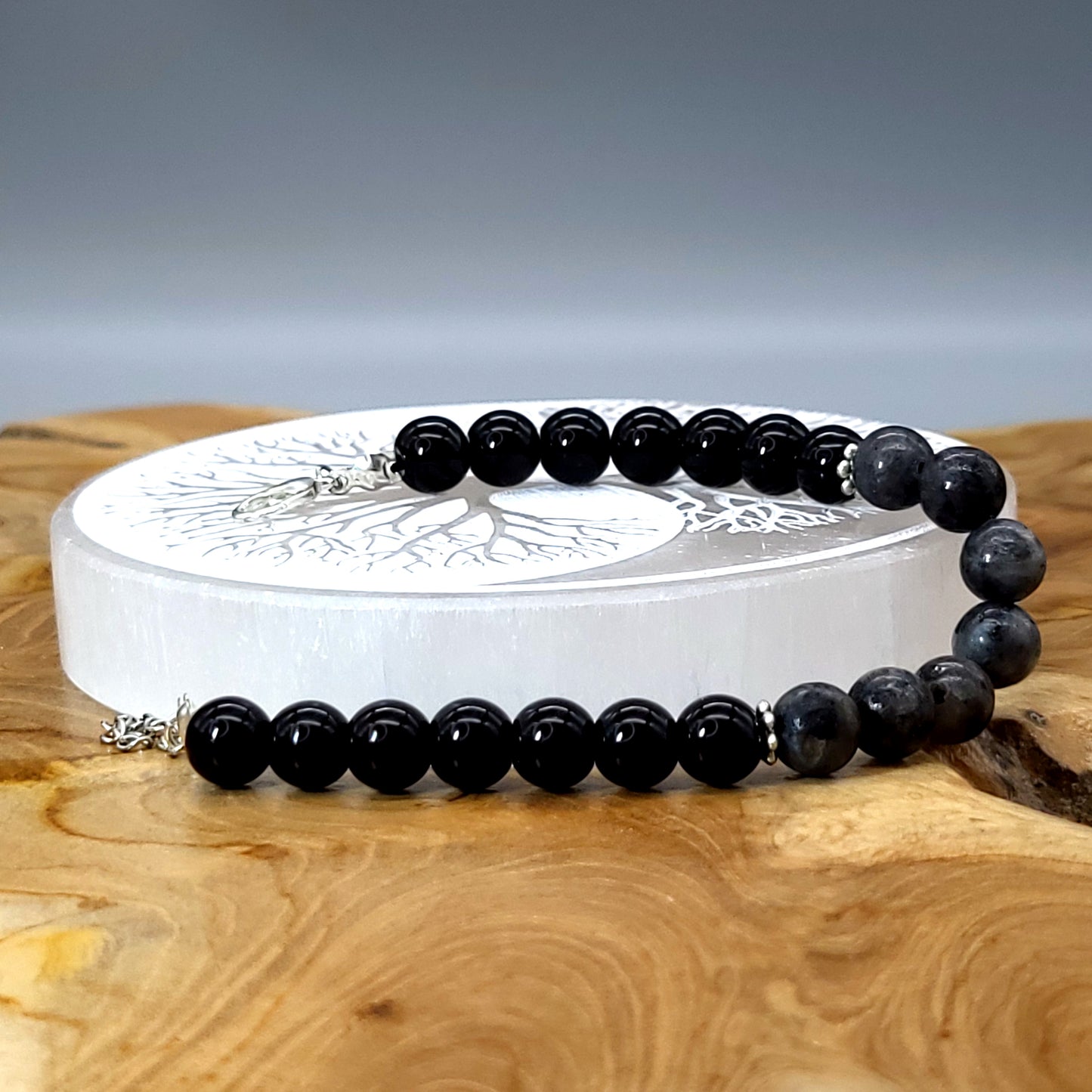 BRACELETS EN DUO DE PERLES RONDES EN PIERRES DE LABRADORITE GRISE + ONYX NOIR - 2 TAILLES AU CHOIX - BIJOUX ARTISANAUX, UNIQUES & ORIGINAUX