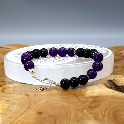 BRACELETS EN DUO DE PERLES RONDES EN PIERRES ONYX + AMETHYSTE - 2 TAILLES AU CHOIX - BIJOUX ARTISANAUX, UNIQUES & ORIGINAUX