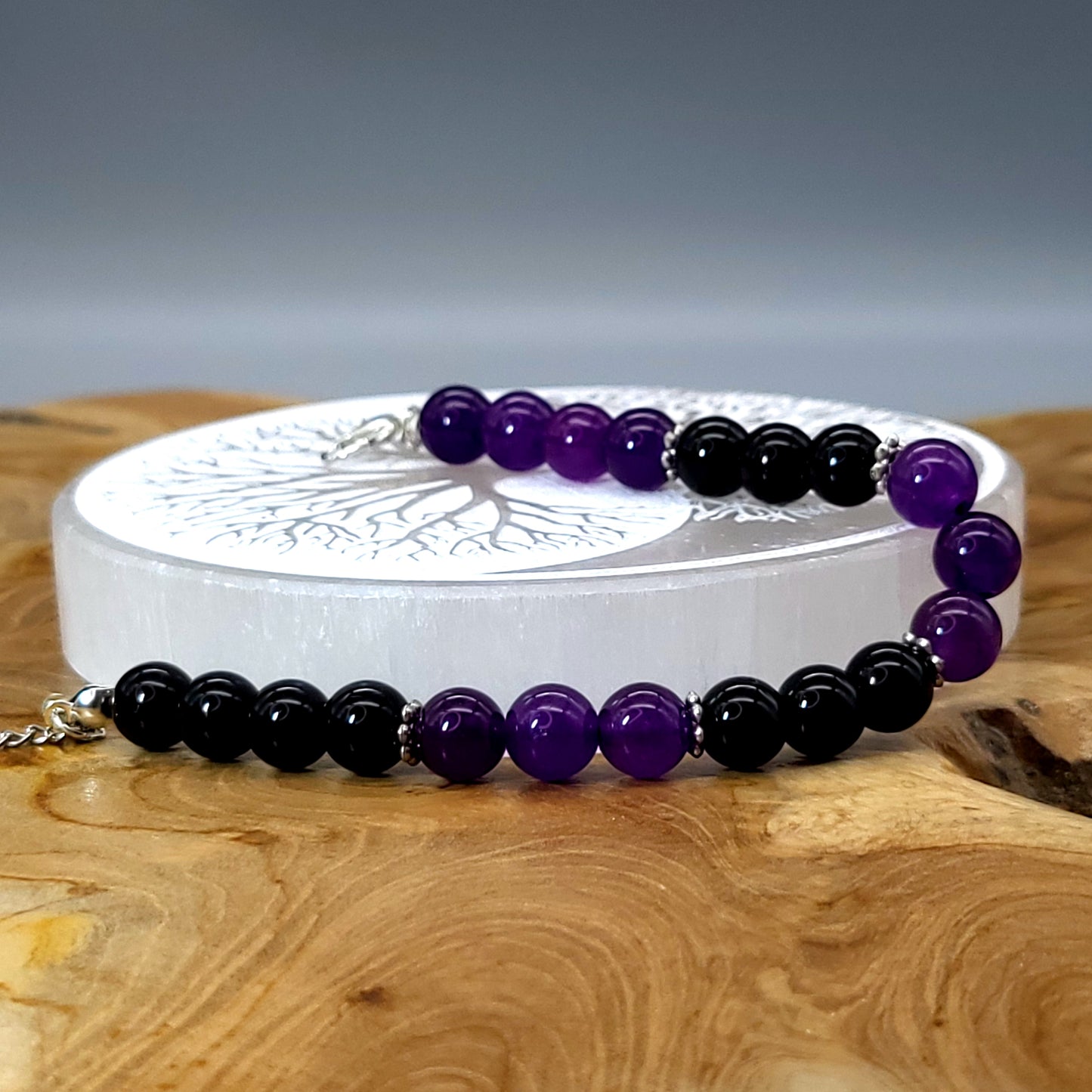 BRACELETS EN DUO DE PERLES RONDES EN PIERRES ONYX + AMETHYSTE - 2 TAILLES AU CHOIX - BIJOUX ARTISANAUX, UNIQUES & ORIGINAUX