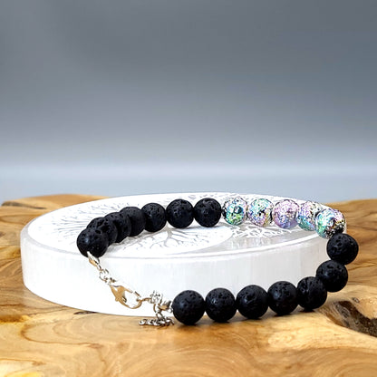 BRACELETS MULTICOLORES DE PERLES RONDES EN PIERRES DE LAVE NOIRES & IRISÉES - 2 TAILLES AU CHOIX - BIJOUX ARTISANAUX, UNIQUES & ORIGINAUX