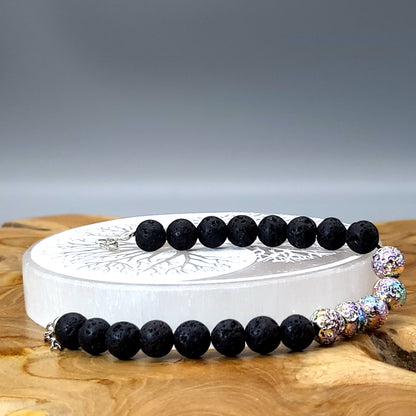 BRACELETS MULTICOLORES DE PERLES RONDES EN PIERRES DE LAVE NOIRES & IRISÉES - 2 TAILLES AU CHOIX - BIJOUX ARTISANAUX, UNIQUES & ORIGINAUX