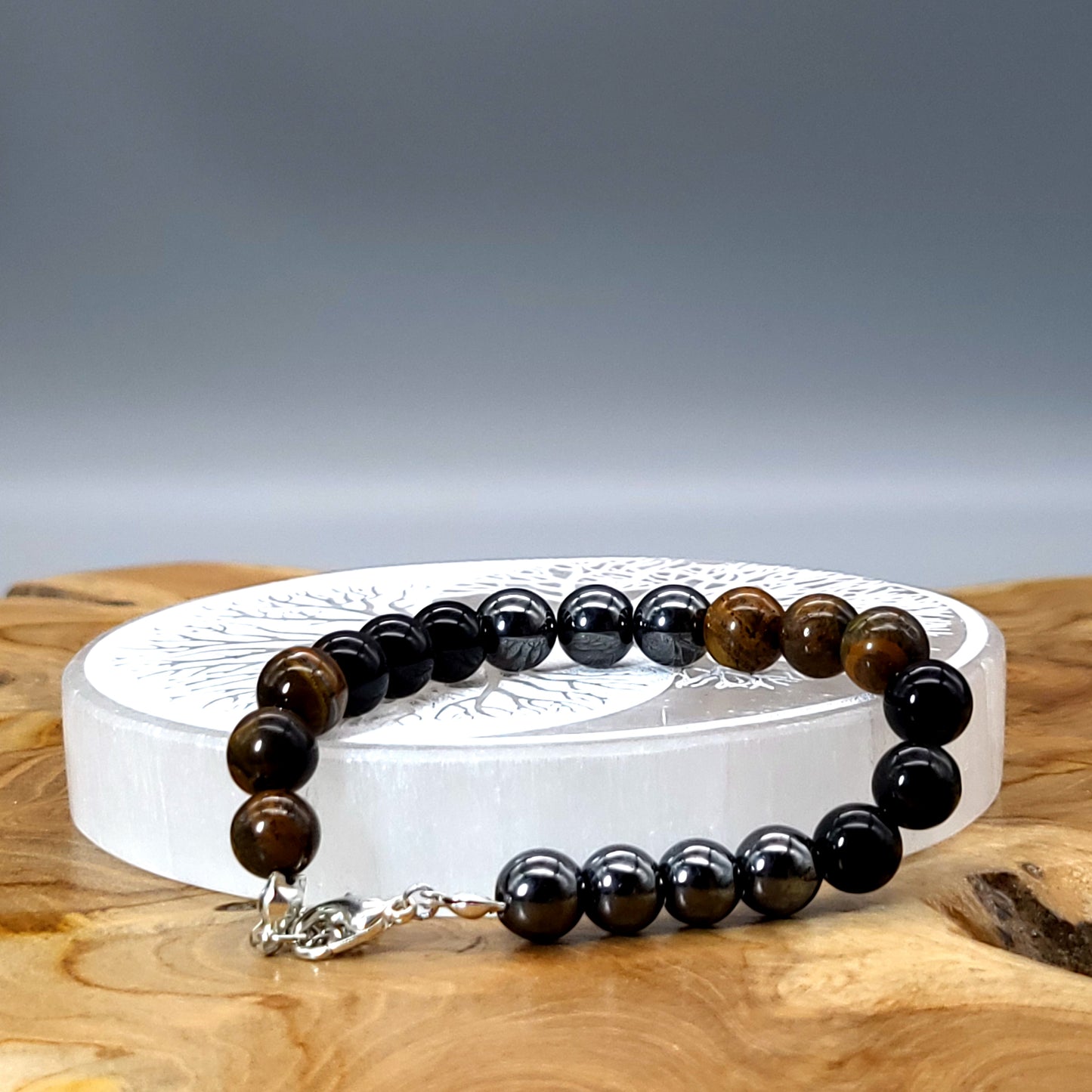 BRACELETS TRIPLE PROTECTION DE PERLES RONDES EN PIERRES OEIL DU TIGRE, HÉMATITE + OBSIDIENNE - 2 TAILLES AU CHOIX - BIJOUX ARTISANAUX, UNIQUES & ORIGINAUX
