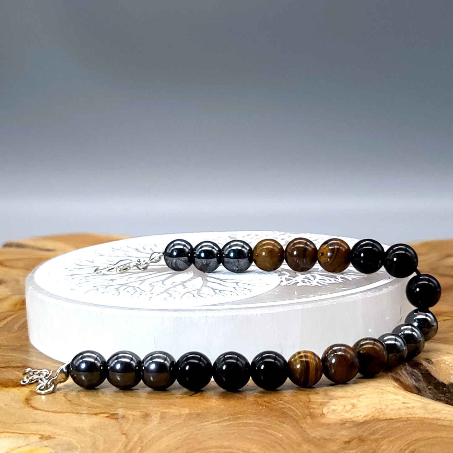 BRACELETS TRIPLE PROTECTION DE PERLES RONDES EN PIERRES OEIL DU TIGRE, HÉMATITE + OBSIDIENNE - 2 TAILLES AU CHOIX - BIJOUX ARTISANAUX, UNIQUES & ORIGINAUX