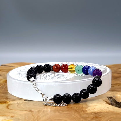 BRACELETS DE PERLES RONDES EN PIERRES ONYX NOIR + 7 CHAKRAS - 2 TAILLES AU CHOIX - BIJOUX ARTISANAUX, UNIQUES & ORIGINAUX