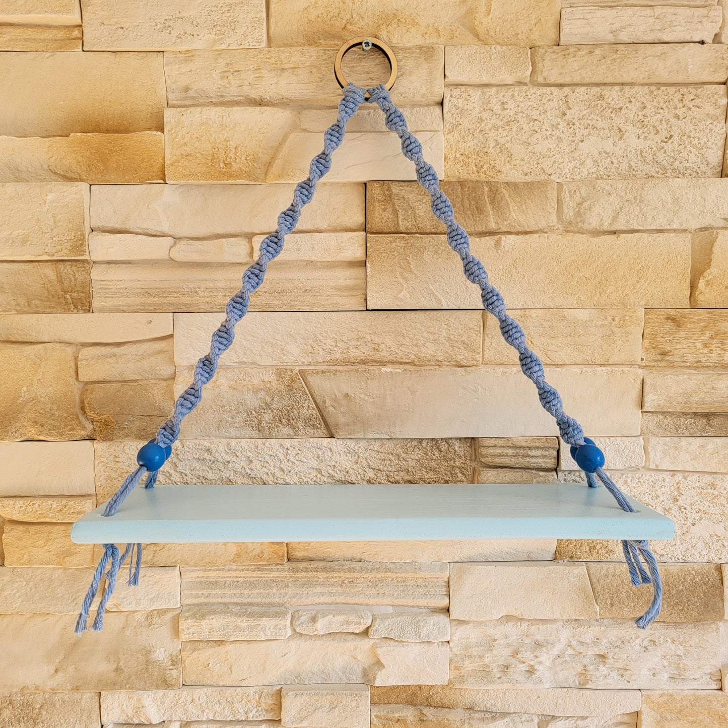 ÉTAGÈRES BALANÇOIRES BLEUES EN MACRAMÉ + BOIS - ORIGINALES, UNIQUES, ARTISANALES