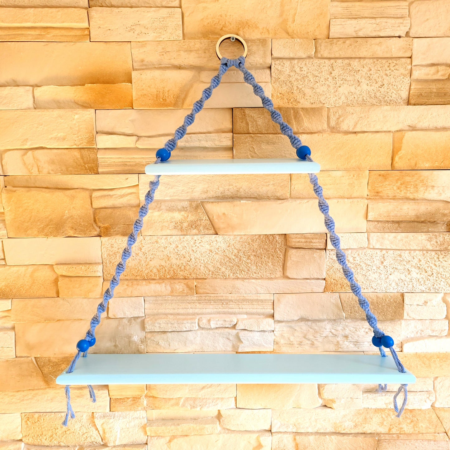 ÉTAGÈRES BALANÇOIRES BLEUES EN MACRAMÉ + BOIS - ORIGINALES, UNIQUES, ARTISANALES