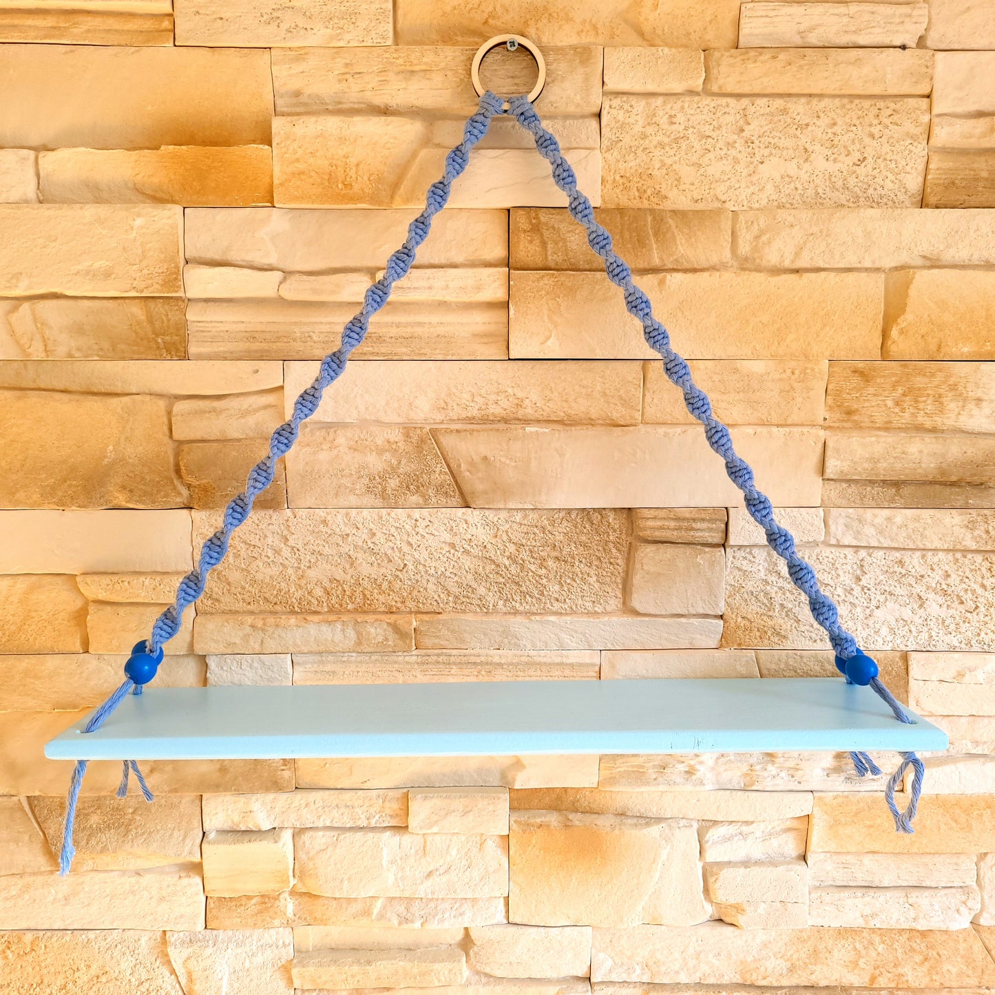 ÉTAGÈRES BALANÇOIRES BLEUES EN MACRAMÉ + BOIS - ORIGINALES, UNIQUES, ARTISANALES