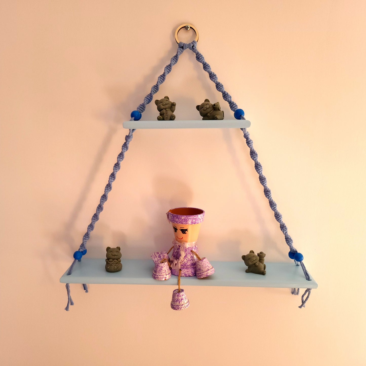 ÉTAGÈRES BALANÇOIRES BLEUES EN MACRAMÉ + BOIS - ORIGINALES, UNIQUES, ARTISANALES