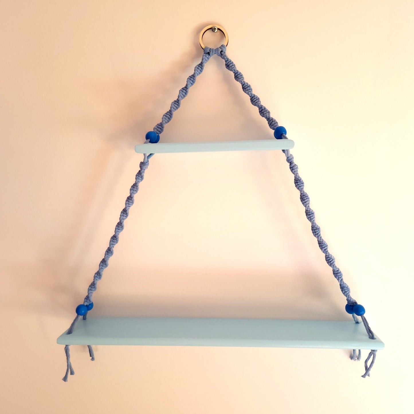 ÉTAGÈRES BALANÇOIRES BLEUES EN MACRAMÉ + BOIS - ORIGINALES, UNIQUES, ARTISANALES