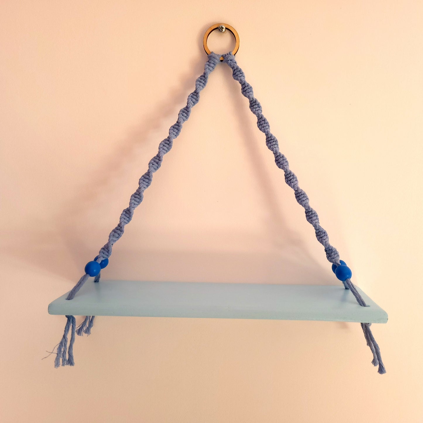 ÉTAGÈRES BALANÇOIRES BLEUES EN MACRAMÉ + BOIS - ORIGINALES, UNIQUES, ARTISANALES