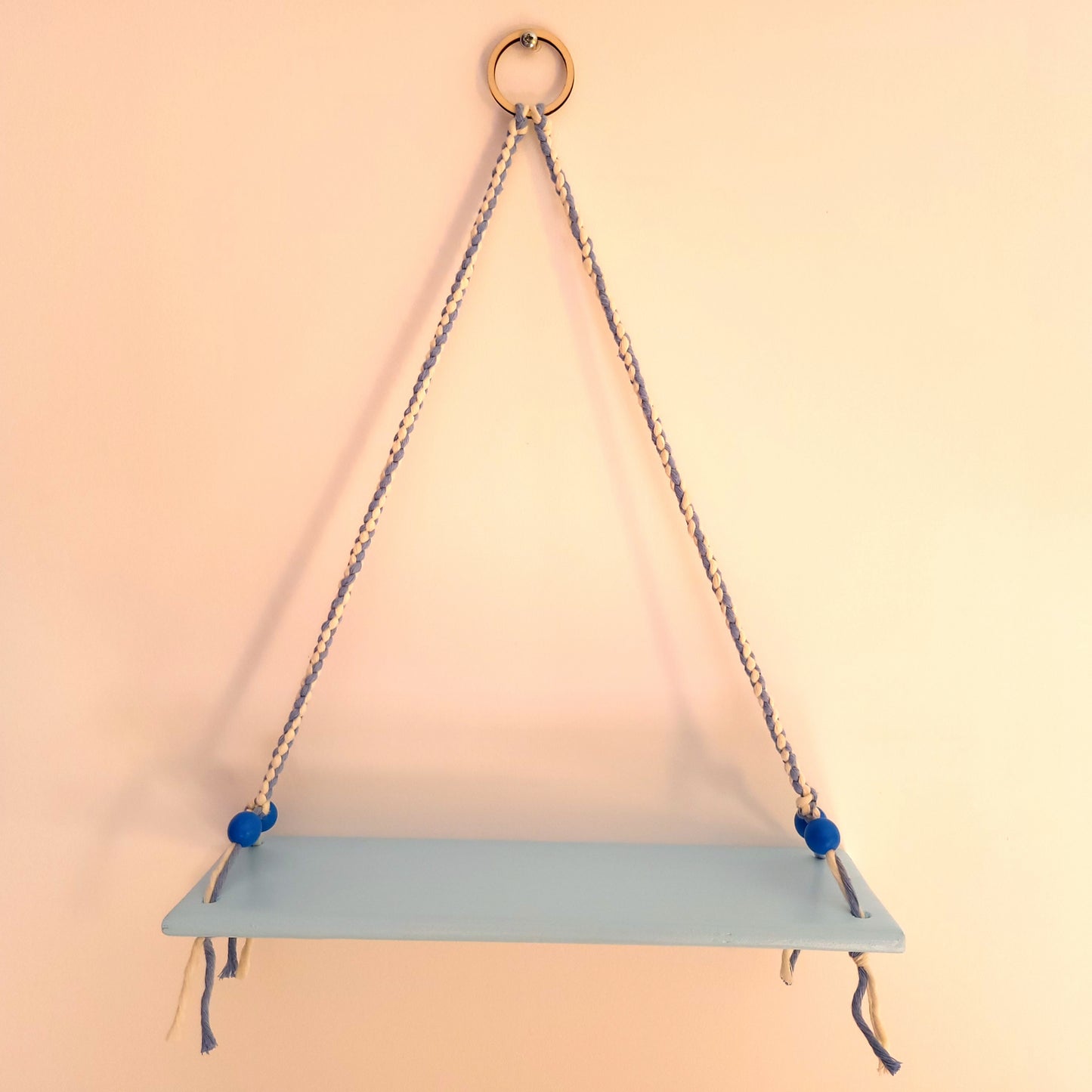 ÉTAGÈRES BALANÇOIRES BLEUES EN MACRAMÉ + BOIS - ORIGINALES, UNIQUES, ARTISANALES