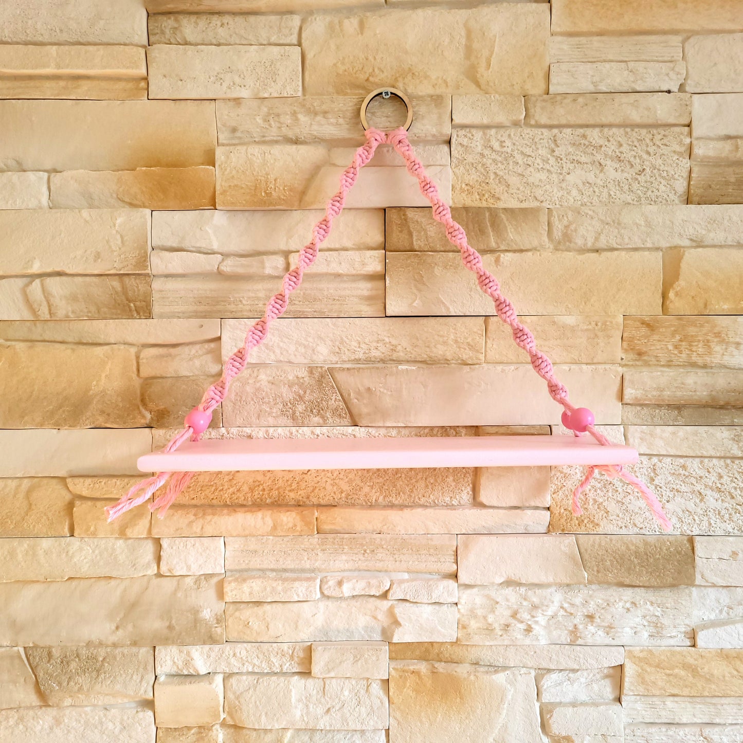 ÉTAGÈRES BALANÇOIRES ROSES EN MACRAMÉ + BOIS - ORIGINALES, UNIQUES, ARTISANALES