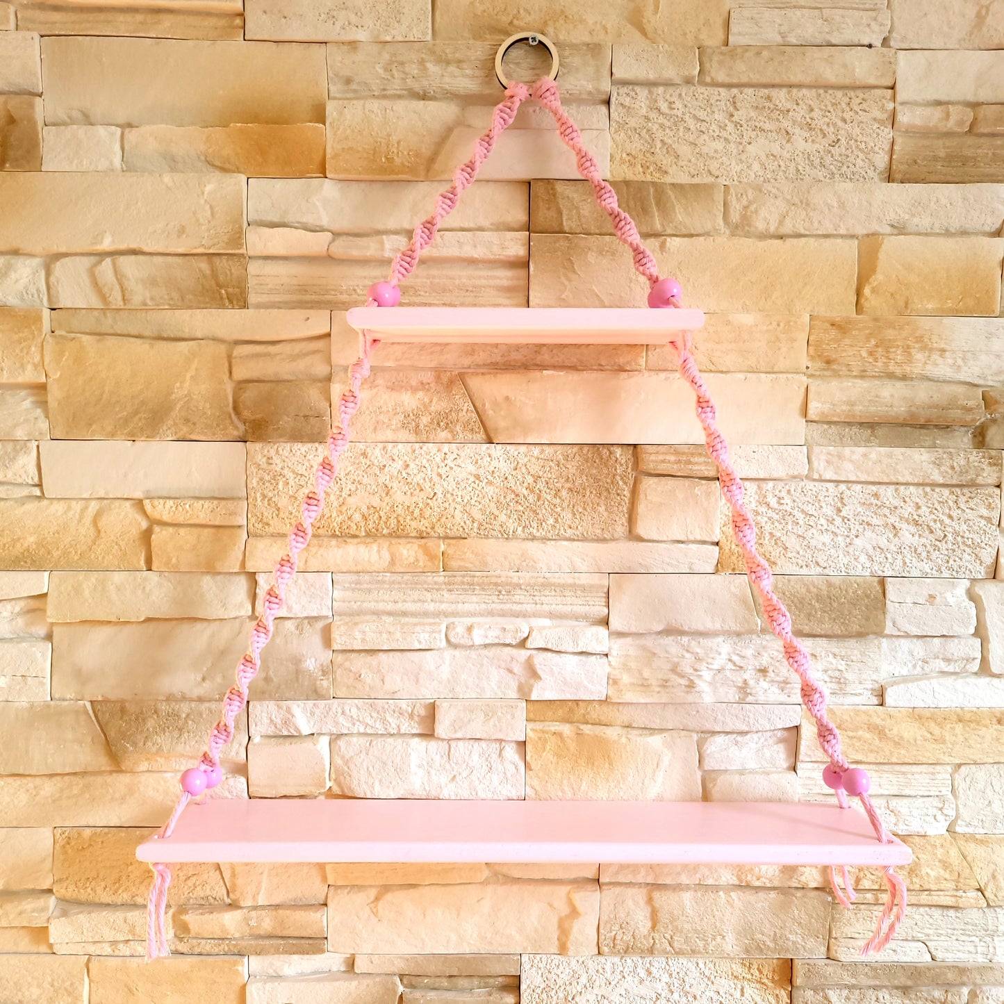 ÉTAGÈRES BALANÇOIRES ROSES EN MACRAMÉ + BOIS - ORIGINALES, UNIQUES, ARTISANALES