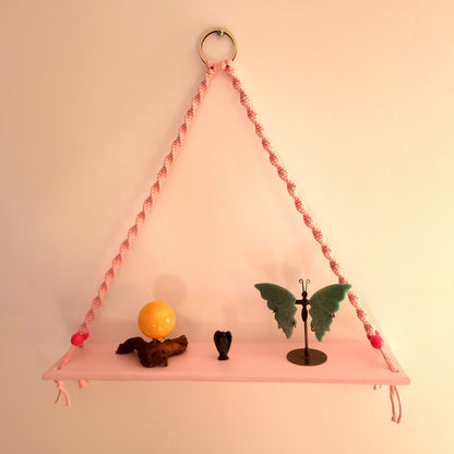 ÉTAGÈRES BALANÇOIRES ROSES EN MACRAMÉ + BOIS - ORIGINALES, UNIQUES, ARTISANALES