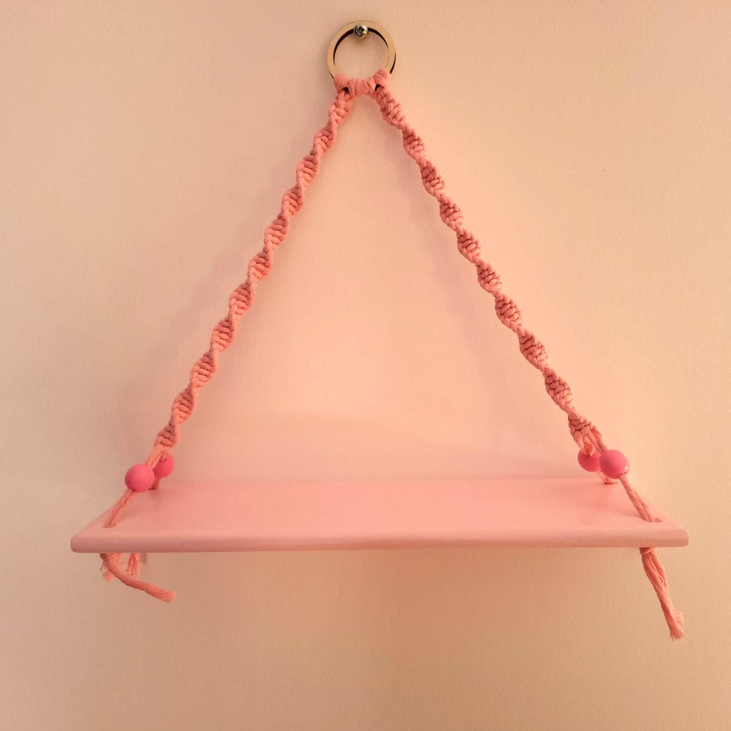 ÉTAGÈRES BALANÇOIRES ROSES EN MACRAMÉ + BOIS - ORIGINALES, UNIQUES, ARTISANALES