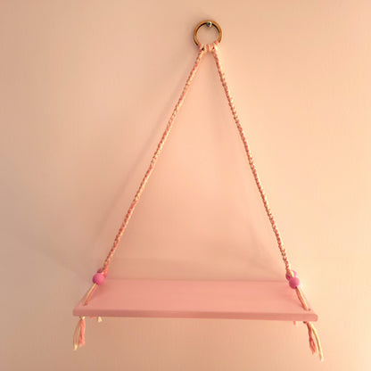 ÉTAGÈRES BALANÇOIRES ROSES EN MACRAMÉ + BOIS - ORIGINALES, UNIQUES, ARTISANALES
