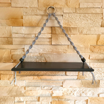 ÉTAGÈRES BALANÇOIRES GRISES EN MACRAMÉ + BOIS - ORIGINALES, UNIQUES, ARTISANALES