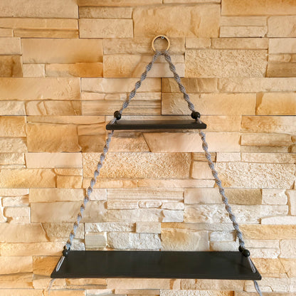 ÉTAGÈRES BALANÇOIRES GRISES EN MACRAMÉ + BOIS - ORIGINALES, UNIQUES, ARTISANALES