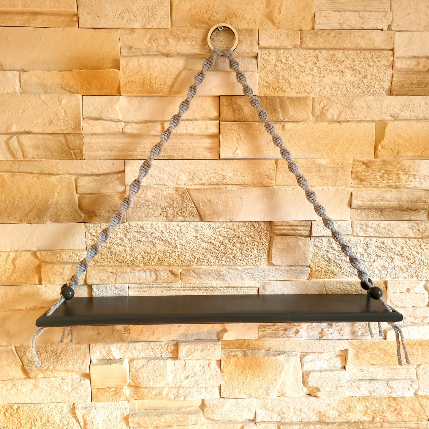 ÉTAGÈRES BALANÇOIRES GRISES EN MACRAMÉ + BOIS - ORIGINALES, UNIQUES, ARTISANALES