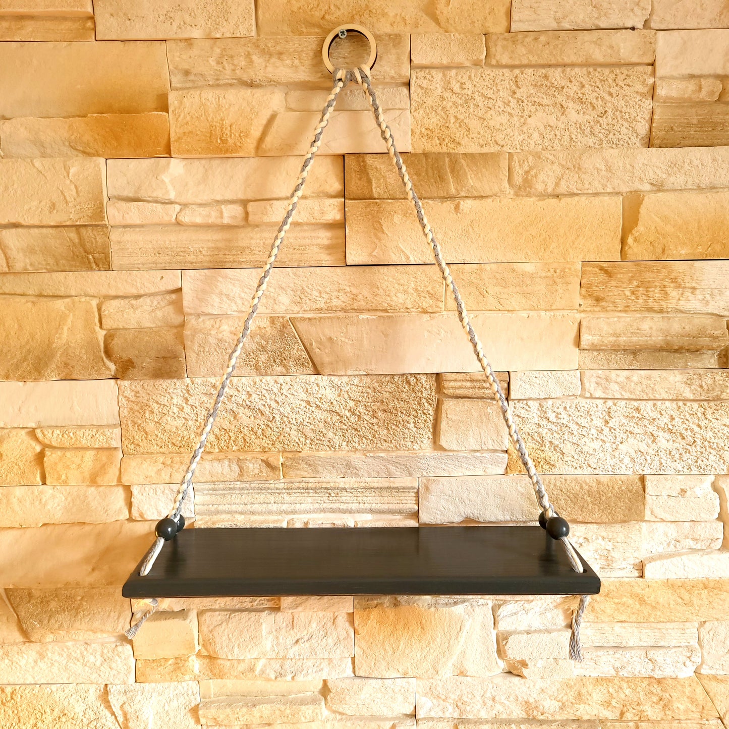 ÉTAGÈRES BALANÇOIRES GRISES EN MACRAMÉ + BOIS - ORIGINALES, UNIQUES, ARTISANALES