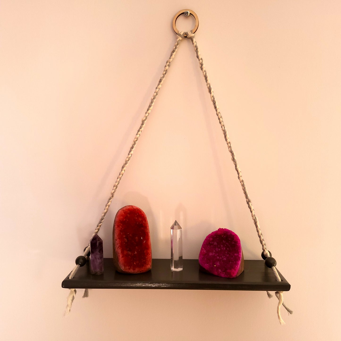 ÉTAGÈRES BALANÇOIRES GRISES EN MACRAMÉ + BOIS - ORIGINALES, UNIQUES, ARTISANALES