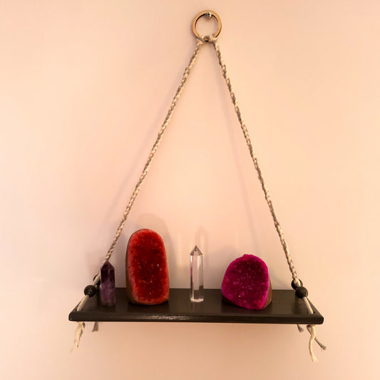 ÉTAGÈRES BALANÇOIRES GRISES EN MACRAMÉ + BOIS - ORIGINALES, UNIQUES, ARTISANALES