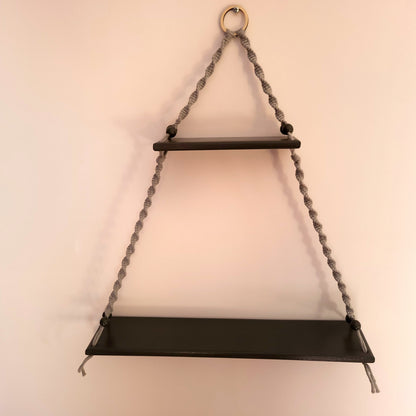 ÉTAGÈRES BALANÇOIRES GRISES EN MACRAMÉ + BOIS - ORIGINALES, UNIQUES, ARTISANALES