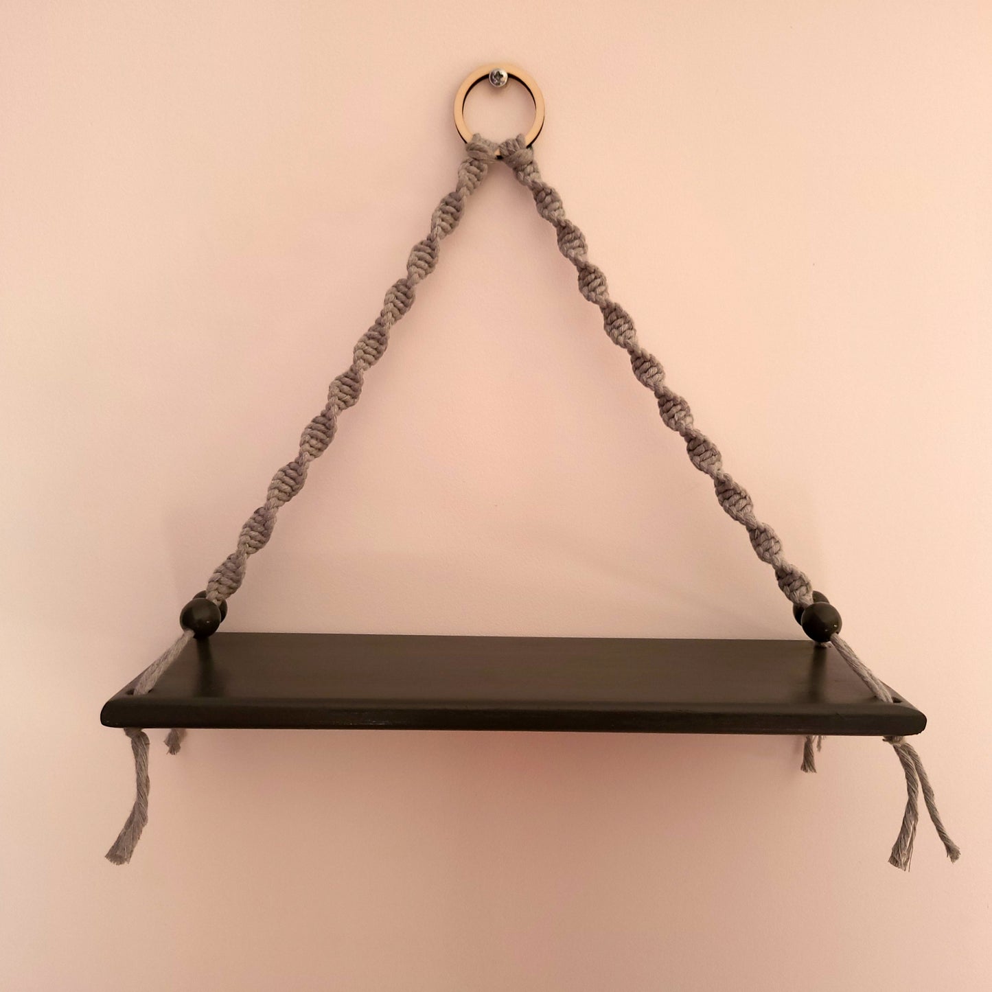 ÉTAGÈRES BALANÇOIRES GRISES EN MACRAMÉ + BOIS - ORIGINALES, UNIQUES, ARTISANALES