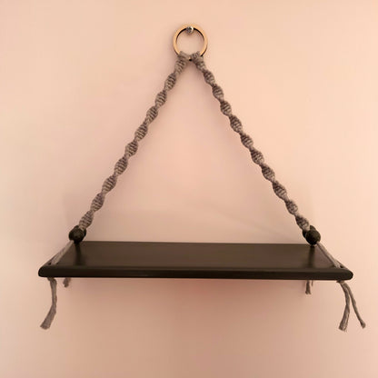 ÉTAGÈRES BALANÇOIRES GRISES EN MACRAMÉ + BOIS - ORIGINALES, UNIQUES, ARTISANALES